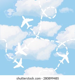 Clouds seamless background with airplanes. Vector