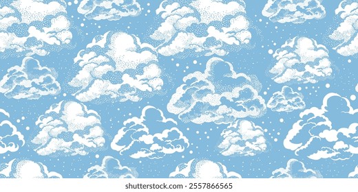 Clouds seamless background. hand drawn. Not AI, Vector illustration.