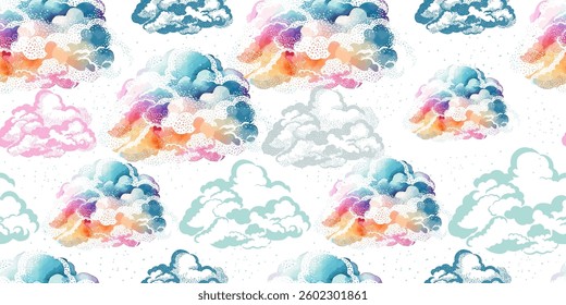Clouds seamless background. hand drawn. Not AI, Vector illustration.