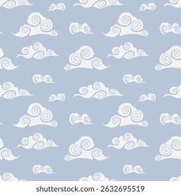 Clouds seamless pattern in asian style. Vector hand drawn seamless sky ornament. White chinese clouds on blue background. Print for wallpaper, wrapping, textile