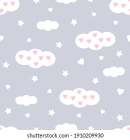 Clouds seamless pattern. Hearts and stars. Cute kids design. Vector illustration.