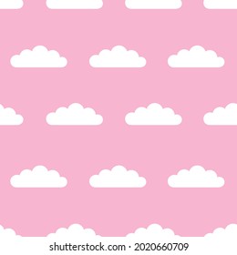 Clouds seamless pattern. White clouds on pink background, vector flat pattern.