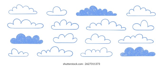 Nuvens definidas. Cúmulo de lápis azul sobre fundo branco. Linha texturizada desenhada à mão e formas de silhueta no estilo infantil. Rabiscos pastel de giz de elementos do tempo, desenhos infantis. Ilustração do vetor do céu