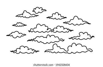 Wolken setzen. Cartoon handgezeichnet Doodle gut aussehend. Stilvolles Design-Kit mit flachem, Cartoon-Poster, Flyer, Postkarten, Web-Banner. Feierliche Stimmung, luftige Atmosphäre. Eingeschlossenes Objekt.