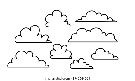 Clouds set. Cartoon hand drawn doodle handsome. Stylish design kit with flat, cartoon poster, flyers, postcards, web banners. festive mood, airy atmosphere. Isolated object. Vector Illustration.
