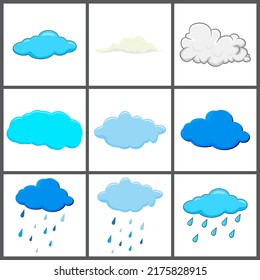 clouds set. clear and with rain.  Cloud icon, cloud shape. Set of different clouds. Collection of cartoon cloud Vector design isolated on white