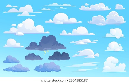 Nubes ambientadas para diferentes climas al estilo de las caricaturas aisladas en azul. Nubes blanquecinas de algodón y cúmulos de tormenta oscura con relámpagos en el cielo. Colección de iconos vectores para el diseño de juegos y la interfaz de usuario de la aplicación.