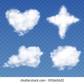 Clouds Set in the form of Heart, Cross, Ball on a transparent blue sky. Vector collection.