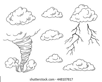 Clouds set graphic tornado lightning art black white isolated illustration vector