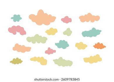 Clouds set, hand drawn clouds of different colors and shapes. Groovy and funky cloud shapes. Collection of abstract cloud shapes in minimalist style.