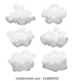 Clouds Set/
Illustration of a cartoon set of grey clouds and smoke shapes, isolated on white background
