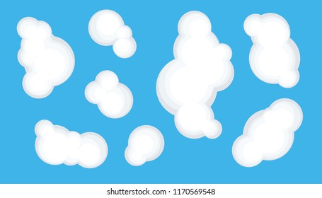 Clouds set isolated on a blue background. Top view (view from above). Simple cute cartoon design. Icon or logo collection. Realistic elements. Flat style vector illustration.