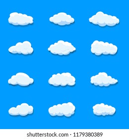 Clouds set isolated on blue background.Collection of clouds for web site,poster,placard and wallpaper. Creative modern concept. Clouds vector illustration
