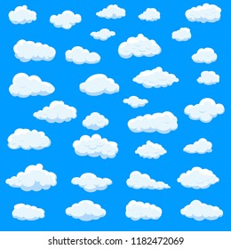 Clouds set isolated on blue background. Collection of clouds for web site, poster, placard and wallpaper. Creative modern concept. Clouds vector illustration