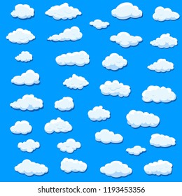 Clouds set isolated on blue background. Collection of clouds for web site, poster, placard and wallpaper. Creative modern concept. Clouds vector illustration