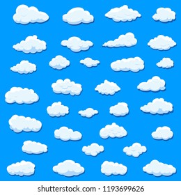 Clouds set isolated on blue background. Collection of clouds for web site, poster, placard and wallpaper. Creative modern concept. Clouds vector illustration