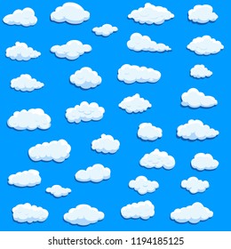 Clouds set isolated on blue background. Collection of clouds for web site, poster, placard and wallpaper. Creative modern concept. Clouds vector illustration