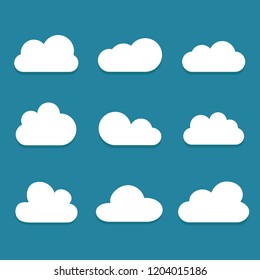 Clouds set isolated on blue background. Collection of clouds for web site, poster, placard and wallpaper. Creative modern concept. Clouds vector illustration
