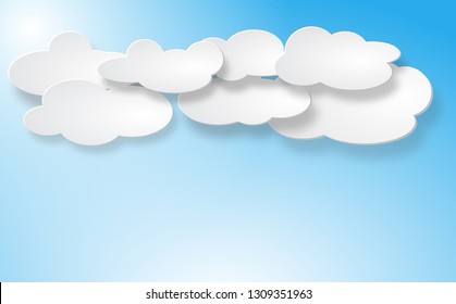 Clouds set isolated on blue background. Collection of clouds for web site, poster, placard and wallpaper. Vector illustration of different white paper clouds