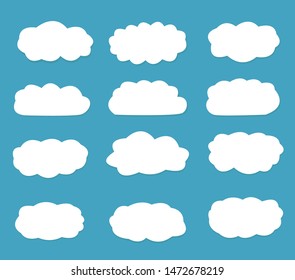 Clouds set isolated on a blue background.  Collection of icon, shape, label, symbols. Set of blue sky. Vector illustration.