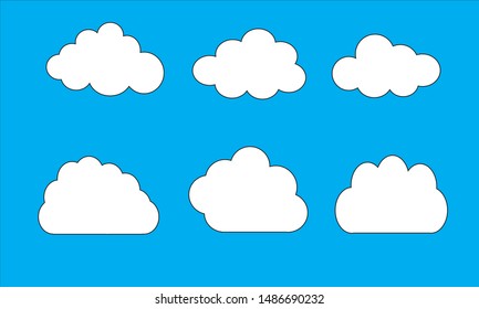 Clouds set isolated on a blue background. Simple cute cartoon design. Icon or logo collection. Realistic elements. Flat style vector illustration.