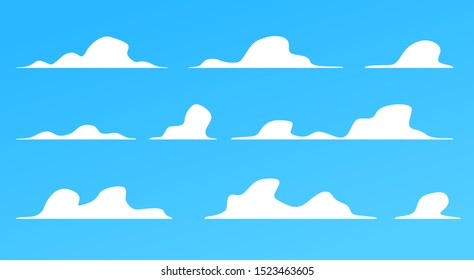 Clouds set isolated on a blue background. Simple cute cartoon design. Modern icon or logo collection. Realistic elements. Flat style vector illustration.