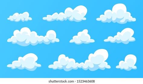 Clouds set isolated on a blue background. Simple cute cartoon design. Modern icon or logo collection. Realistic elements. Flat style vector illustration.