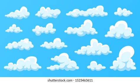 Clouds set isolated on a blue background. Simple cute cartoon design. Modern icon or logo collection. Realistic elements. Flat style vector illustration.