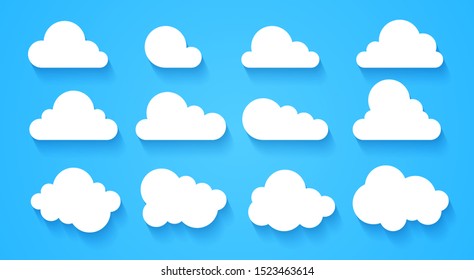 Clouds set isolated on a blue background. Simple cute cartoon design. Modern icon or logo collection. Realistic elements. Flat style vector illustration.