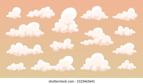 Clouds set isolated on a blue background. Simple cute cartoon design. Modern icon or logo collection. Realistic elements. Flat style vector illustration.