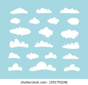 Clouds set isolated on a blue background. Flat style vector illustration.