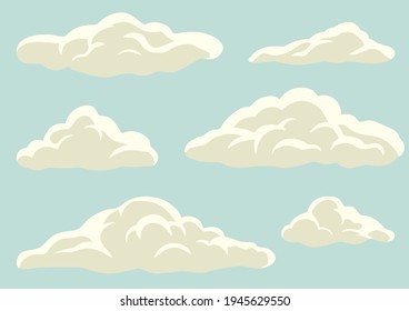 Nubes aisladas sobre un fondo azul. Simple diseño de dibujos animados. Colección de iconos o logotipos. Elementos realistas. Ilustración vectorial de estilo plano.