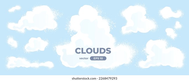 Clouds set isolated on a blue background. SIgns and icons collection. Realistic elements. White color. Simple cartoon design. Flat style vector illustration.