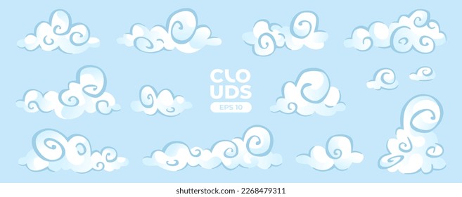 Wolken einzeln auf blauem Hintergrund. Griechische Kultur. Sammlung von Zeichen und Symbolen. Realistische Elemente. Weiße Farbe. Einfaches Cartoon-Design. Flache Vektorgrafik.
