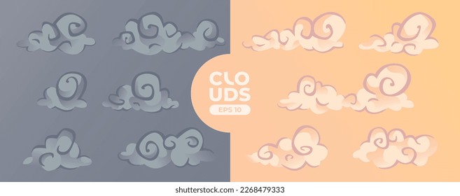 Clouds set isolated on a blue background. Greek culture. Signs and icons collection. Realistic elements. White color. Simple cartoon design. Flat style vector illustration.