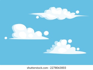 Clouds set isolated on blue background. Simple cute cartoon design. Icon or logo collection. Realistic elements. Flat style vector illustration.