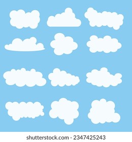 Clouds set isolated on a blue background. Simple cute cartoon design. Modern icon or logo collection. Realistic elements. Flat style vector illustration.