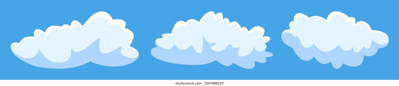 Clouds set isolated on a blue background. Soft round cartoon fluffy clouds icon. Geometric shapes vector illustration