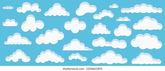 Clouds set isolated on a blue background. Simple cute cartoon design. Icon or logo collection. . Vector illustration