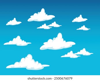 Conjunto de nubes aisladas sobre un fondo azul. Diseño lindo simple de la historieta. Colección de icono o logotipo. Elementos realistas. Ilustración vectorial de estilo plano.