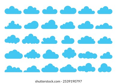 Clouds set isolated on a blue background. Simple cute cartoon design. Modern icon or logo collection. Realistic elements. Flat style vector 