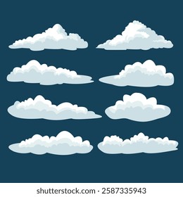 Clouds set isolated on a blue background. Simple cute cartoon design. Icon or logo collection. Realistic elements. Flat style vector illustration.