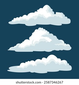 Clouds set isolated on a blue background. Simple cute cartoon design. Icon or logo collection. Realistic elements. Flat style vector illustration.