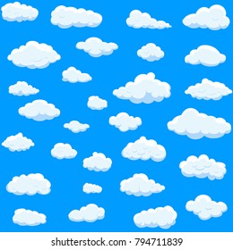 Clouds set isolated on blue background.Collection of clouds for web site,poster,placard and wallpaper. Creative modern concept. Clouds vector illustration