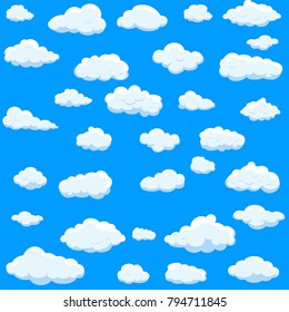 Clouds set isolated on blue background.Collection of clouds for web site,poster,placard and wallpaper. Creative modern concept. Clouds vector illustration