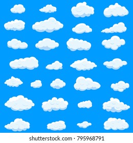 Clouds set isolated on blue background.Collection of clouds for web site,poster,placard and wallpaper. Creative modern concept. Clouds vector illustration