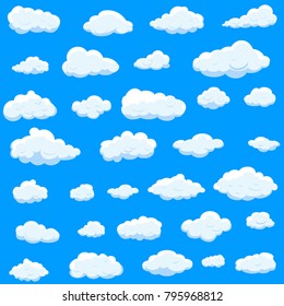 Clouds set isolated on blue background.Collection of clouds for web site,poster,placard and wallpaper. Creative modern concept. Clouds vector illustration