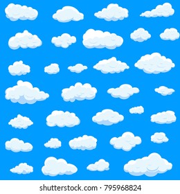 Clouds set isolated on blue background.Collection of clouds for web site,poster,placard and wallpaper. Creative modern concept. Clouds vector illustration