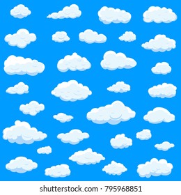 Clouds set isolated on blue background.Collection of clouds for web site,poster,placard and wallpaper. Creative modern concept. Clouds vector illustration