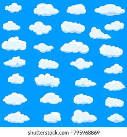 Clouds set isolated on blue background.Collection of clouds for web site,poster,placard and wallpaper. Creative modern concept. Clouds vector illustration